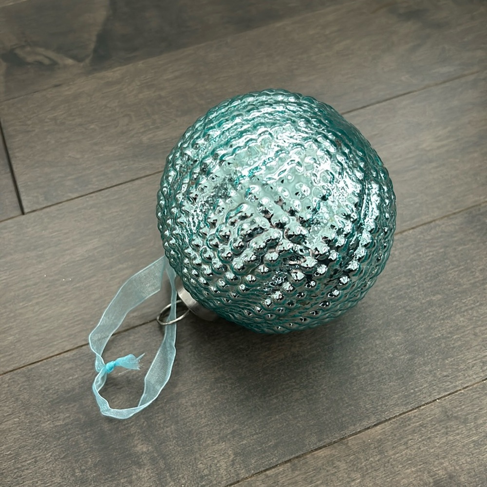 Tiffany Blue Turquoise Glass Christmas Ornament, Ball, Silver Decor Holiday Tree